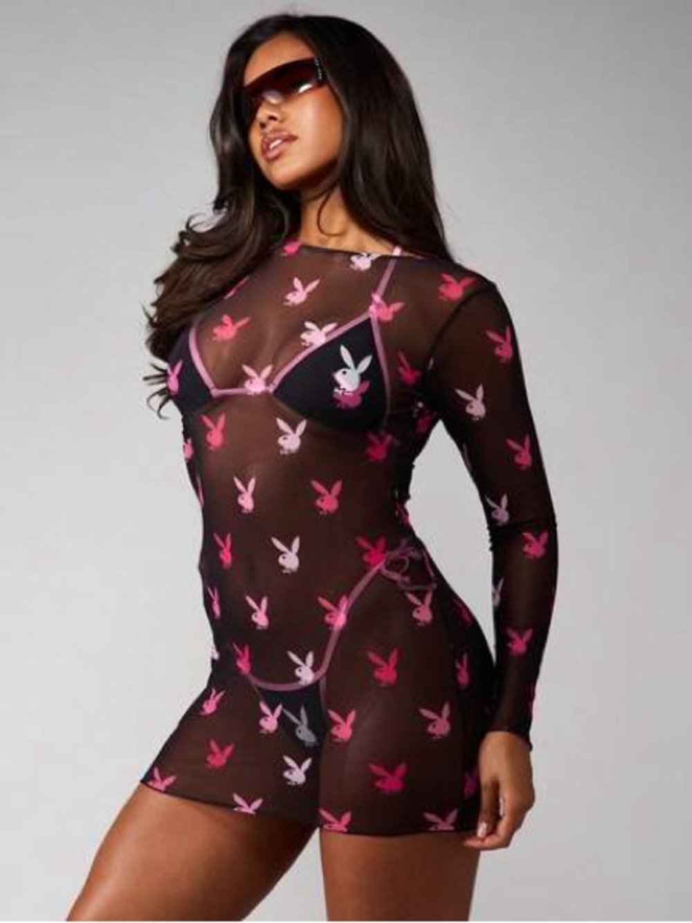 PLAYBOY Black Sheer Long Sleeve Mini Dress with Pink Bunny Print